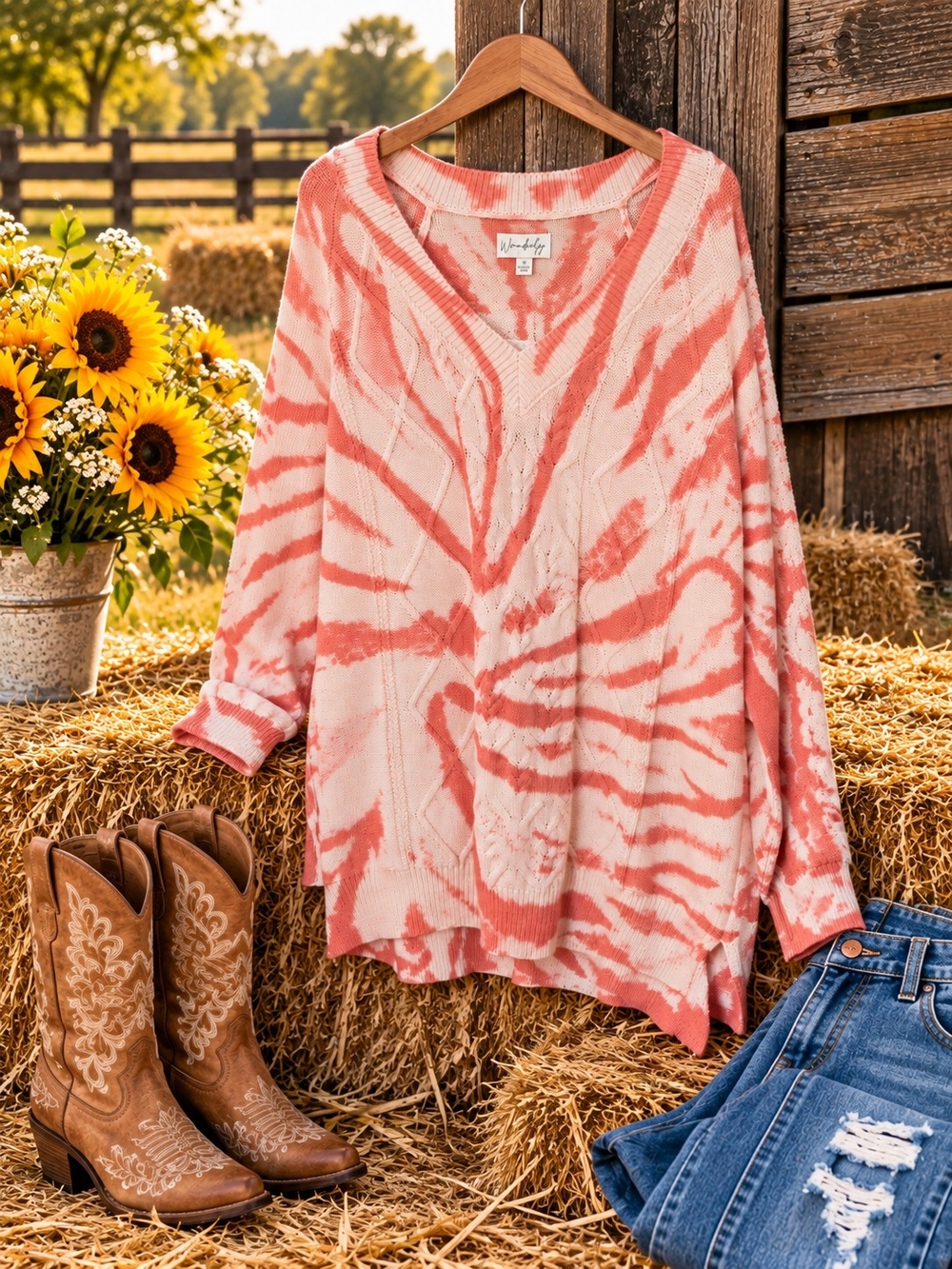 Wonderly Women’s 1X Coral Cream Tie Dye Cable Knit Sweater NWT V-Neck Tunic